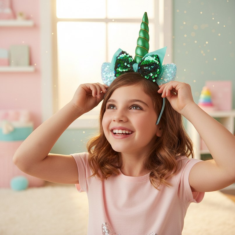 green unicorn headband for kids - in-use