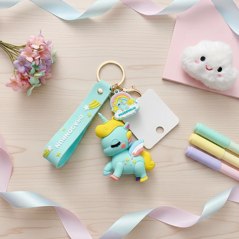 green unicorn keychain - flat-lay
