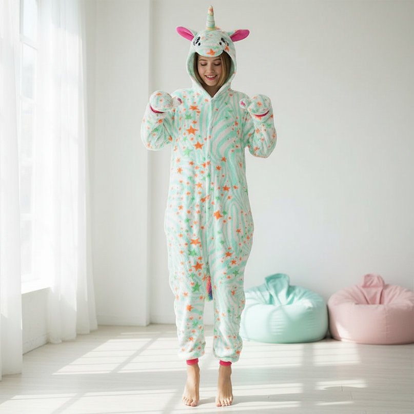 green unicorn onesie - in-use