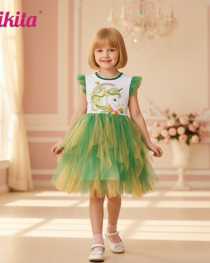 green unicorn tulle flare dress - detail