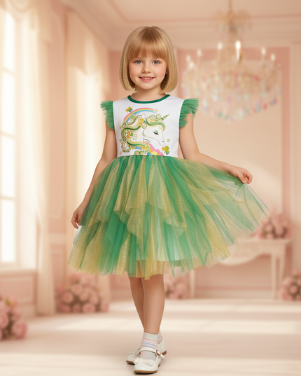 green unicorn tulle flare dress - front