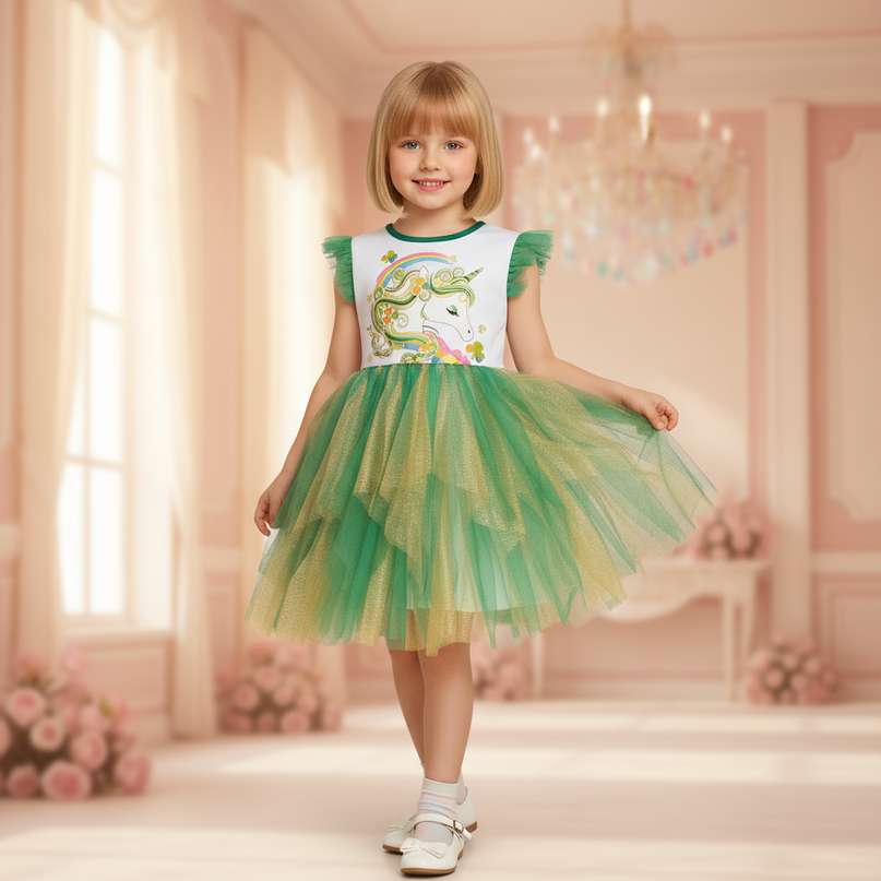 green unicorn tulle flare dress - front