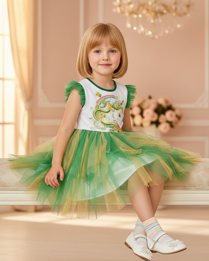 green unicorn tulle flare dress - sitting