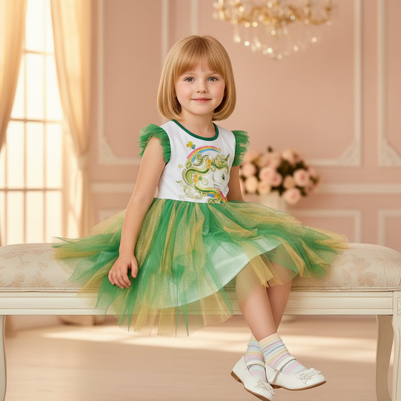 green unicorn tulle flare dress - sitting