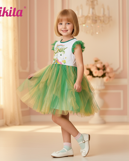 green unicorn tulle flare dress - three-quarter