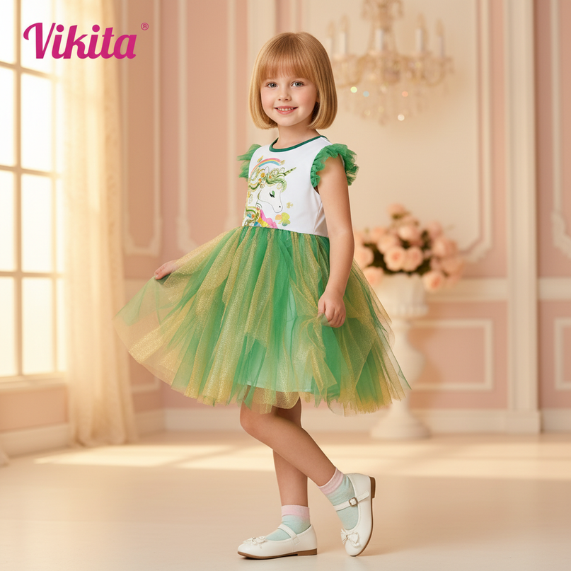 green unicorn tulle flare dress - three-quarter