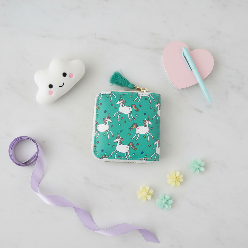 green unicorn wallet - flat-lay
