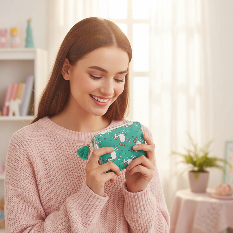 green unicorn wallet - in-use