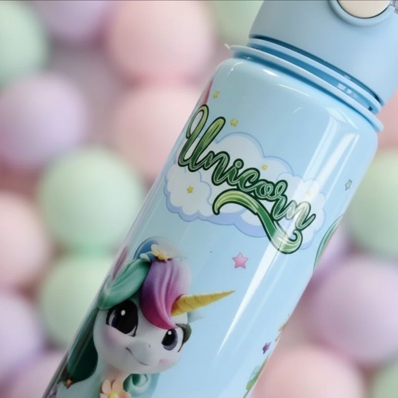 green unicorn water bottle - detail