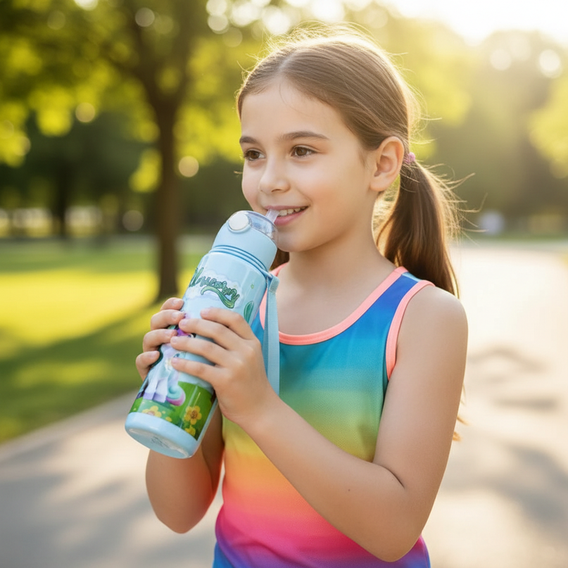 green unicorn water bottle - in-use