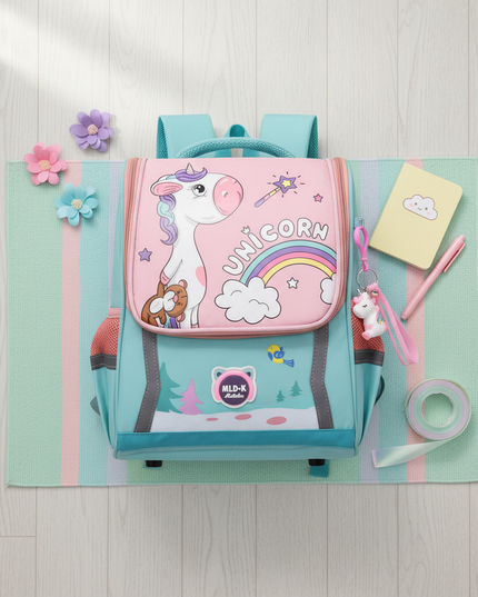 green unicorn waterproof school backpack - flat-lay