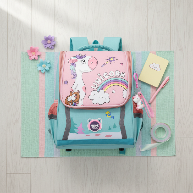 green unicorn waterproof school backpack - flat-lay