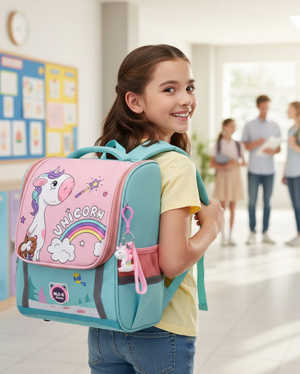 green unicorn waterproof school backpack - in-use
