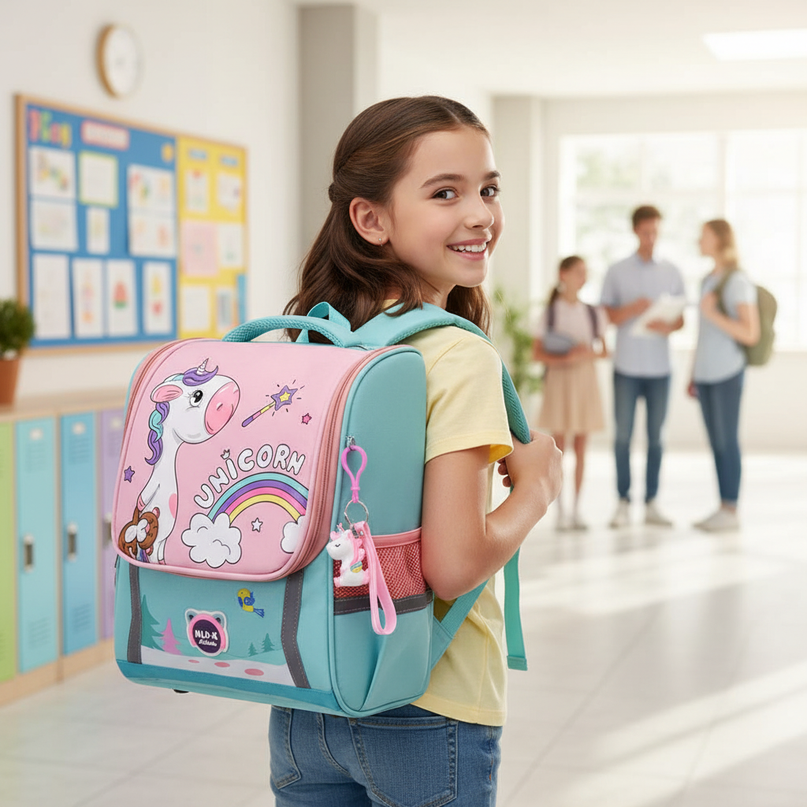 green unicorn waterproof school backpack - in-use