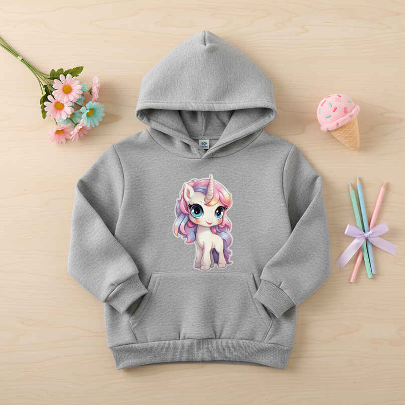 grey unicorn hoodie kids - flat-lay