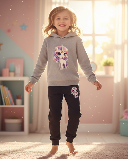 grey unicorn hoodie kids - in-use