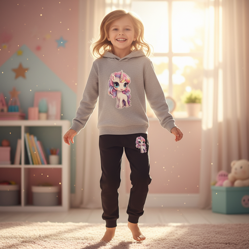 grey unicorn hoodie kids - in-use