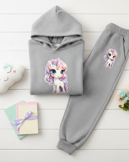 grey unicorn hoodie set - flat-lay
