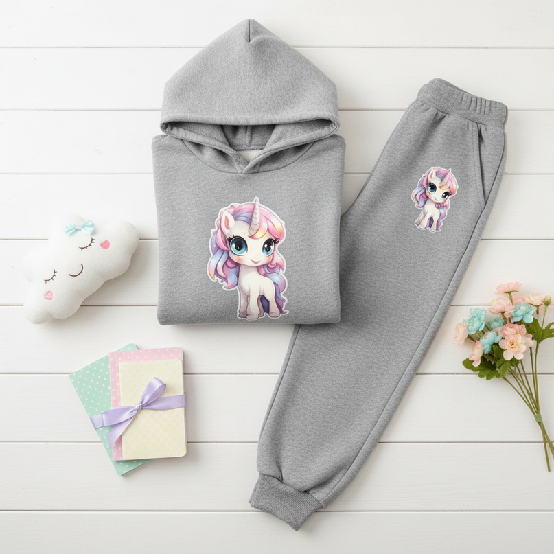 grey unicorn hoodie set - flat-lay