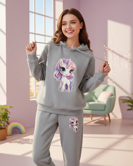grey unicorn hoodie set - in-use
