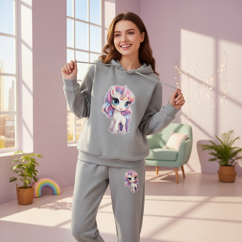 grey unicorn hoodie set - in-use