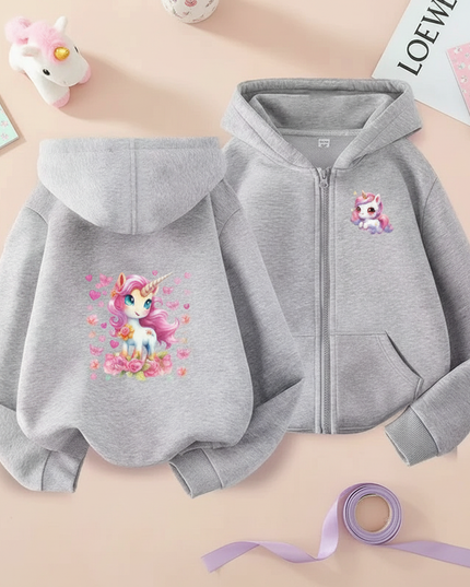 grey unicorn zip hoodie girls - flat-lay