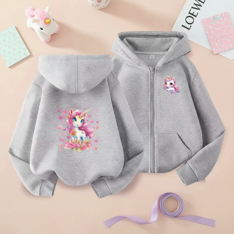 grey unicorn zip hoodie girls - flat-lay