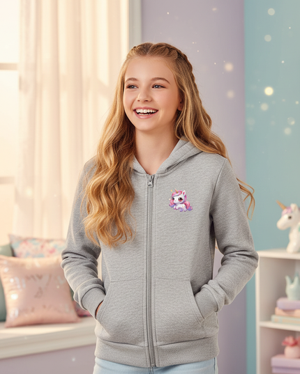 grey unicorn zip hoodie girls - in-use