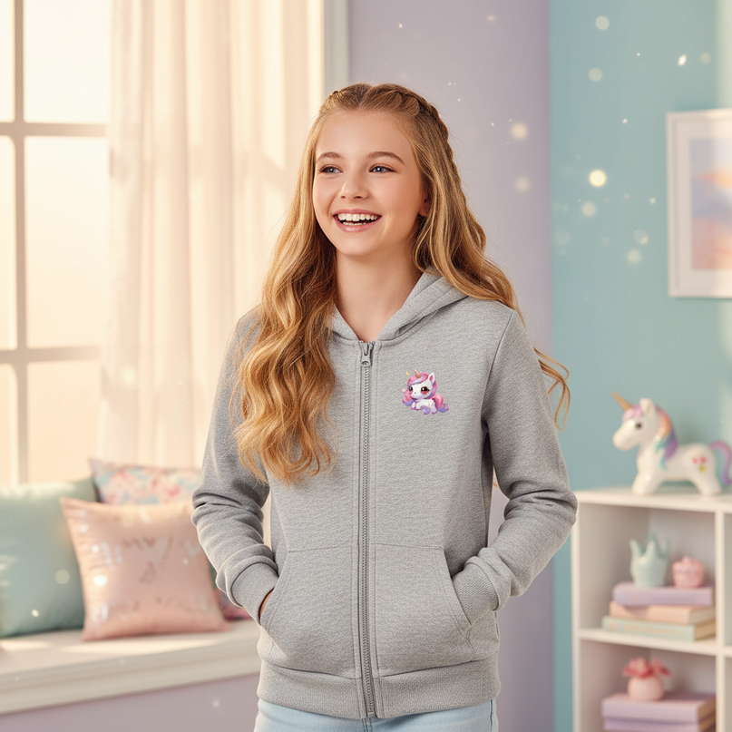 grey unicorn zip hoodie girls - in-use
