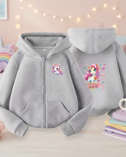 grey unicorn zip hoodie girls - lifestyle