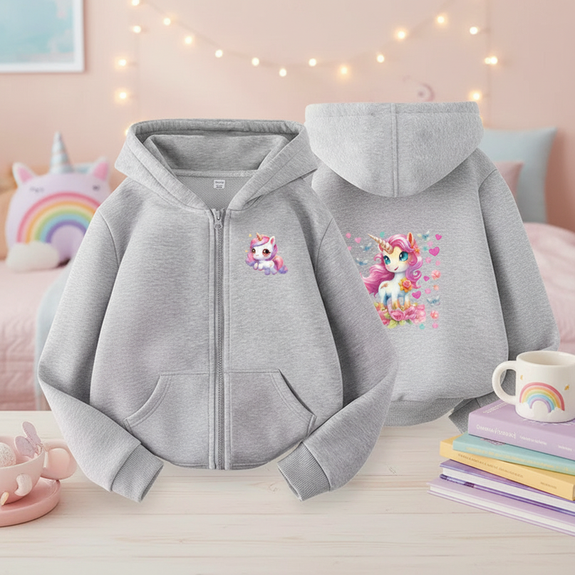 grey unicorn zip hoodie girls - lifestyle
