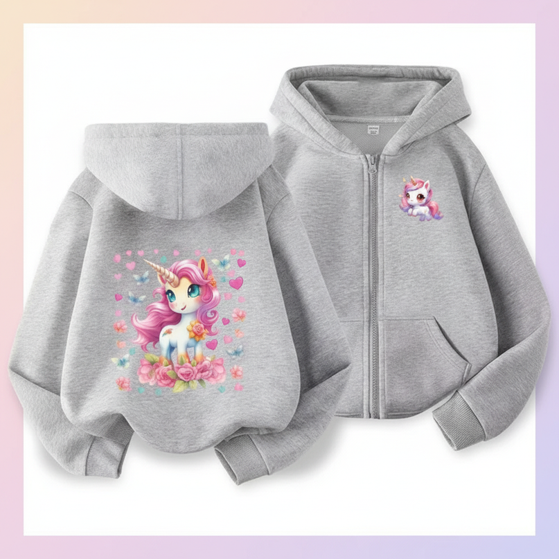 grey unicorn zip hoodie girls - white-bg