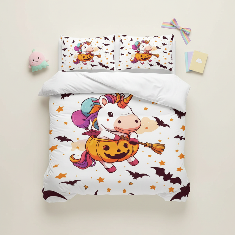 halloween pumpkin unicorn bedding - flat-lay