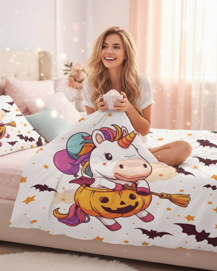 halloween pumpkin unicorn bedding - in-use