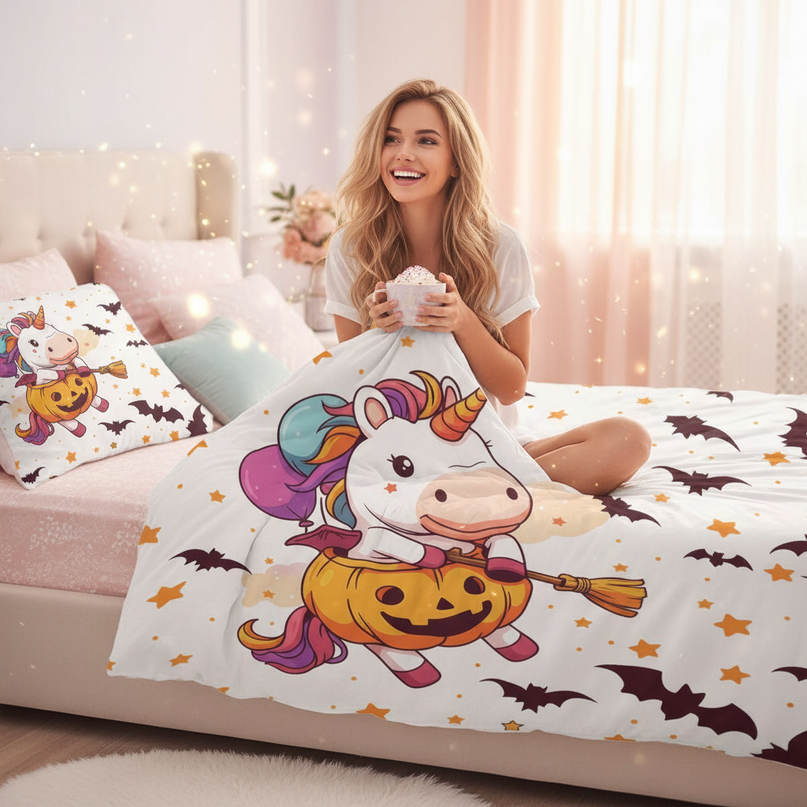 halloween pumpkin unicorn bedding - in-use
