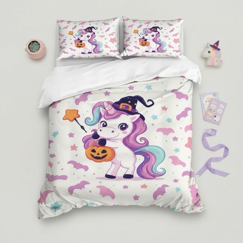 halloween witch unicorn bedding - flat-lay