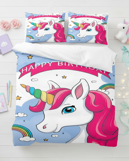 happy birthday unicorn bedding - flat-lay