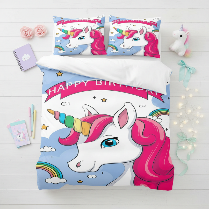 happy birthday unicorn bedding - flat-lay