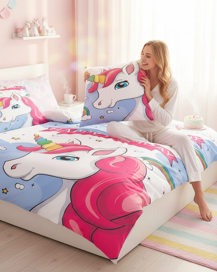happy birthday unicorn bedding - in-use