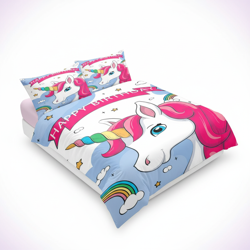 happy birthday unicorn bedding - white-bg