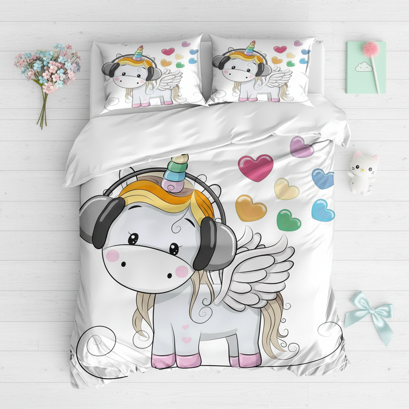 headphones unicorn bedding - flat-lay