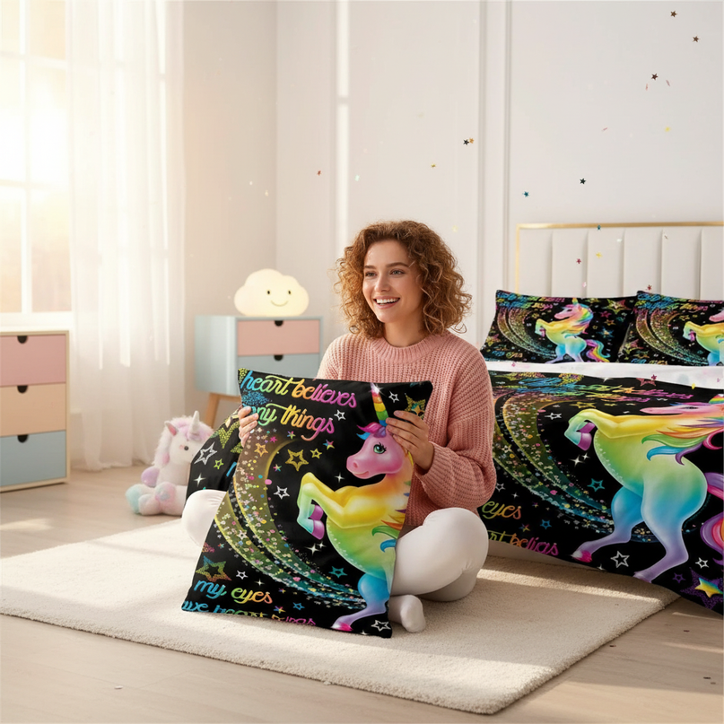 heart believes unicorn bedding - in-use