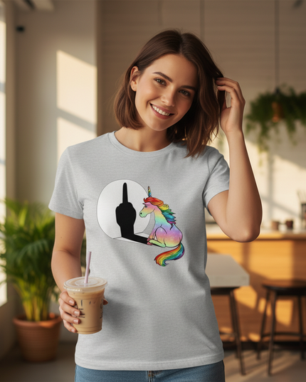 heather gray unicorn shirt - in-use