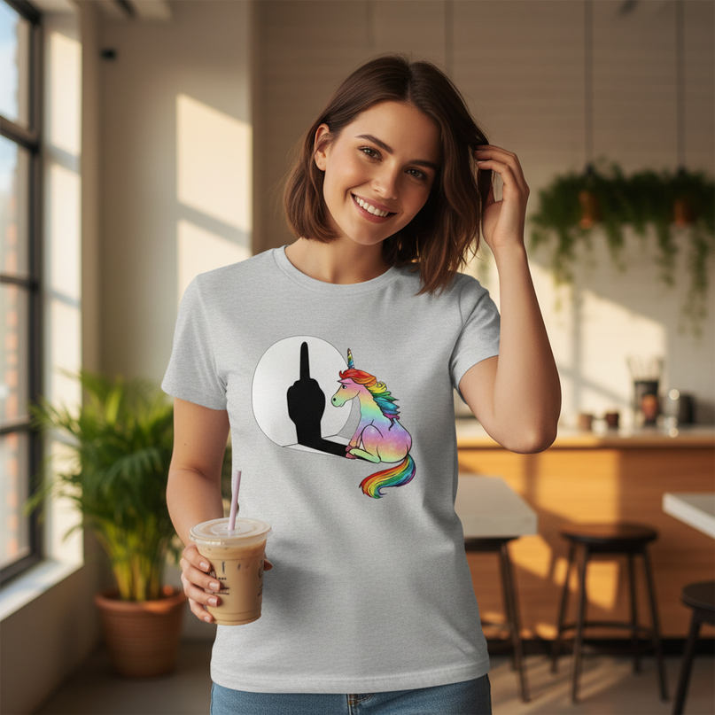 heather gray unicorn shirt - in-use