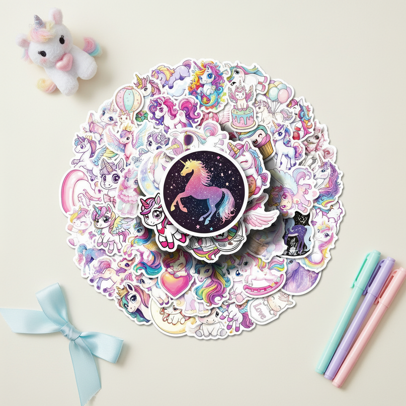 holographic unicorn stickers - flat-lay