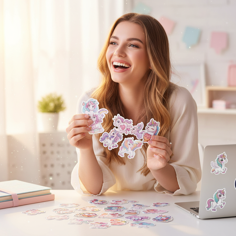 holographic unicorn stickers - in-use