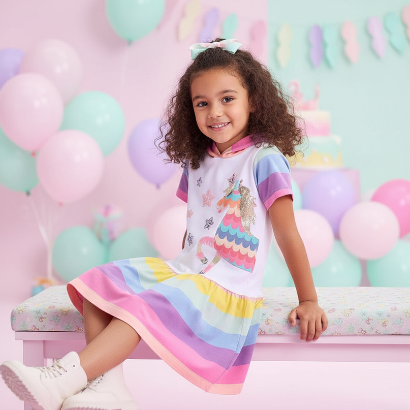 hooded unicorn dress girls - sitting