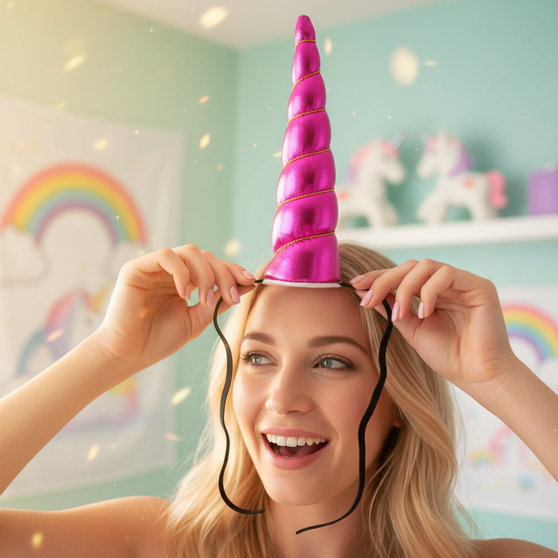 hot pink elastic unicorn horn - in-use
