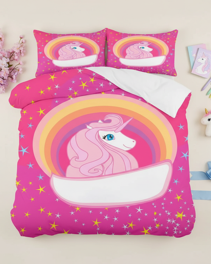hot pink rainbow badge unicorn bedding - flat-lay