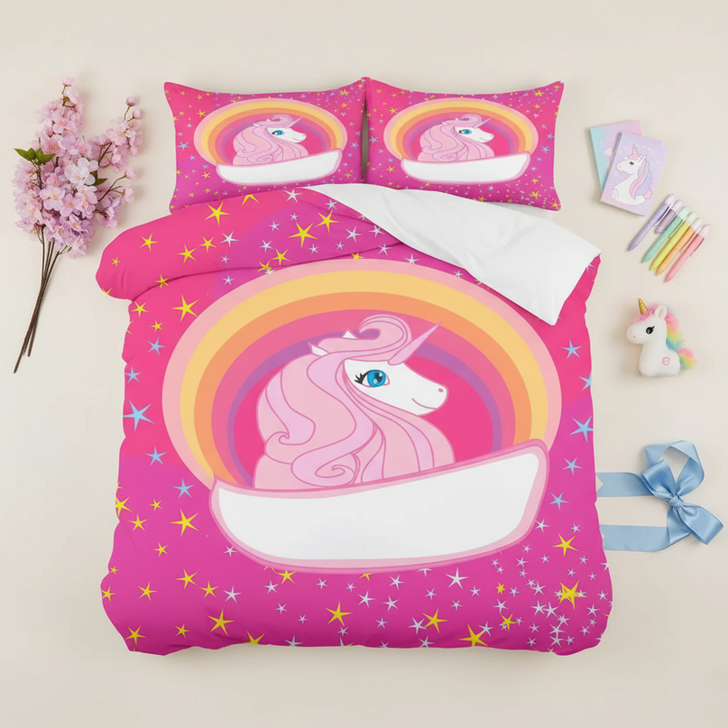 hot pink rainbow badge unicorn bedding - flat-lay